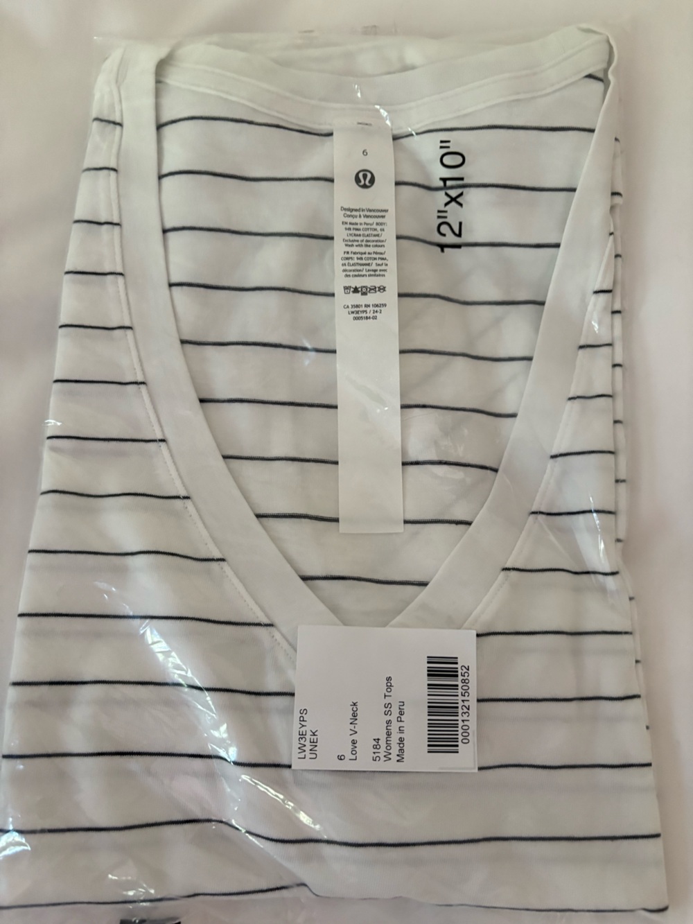 Lululemon Love Striped White & Black V-Neck Women's Top size 6